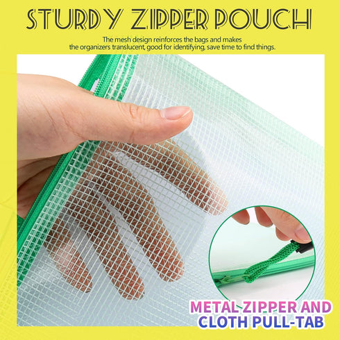 LEOBRO 4 Pack Mesh Zipper Pouch, 13.2"x 9.2" A4 Size Bags with Zipper, Plastic Envelopes for Organization & Travel