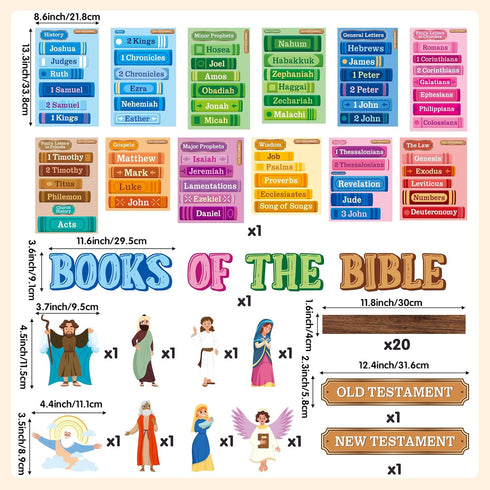BeYumi Bible Learning Bookshelf Cutouts - 110Pcs Back to School Books of The Bible Learning Bulletin Board Set Faith Religious Christian Vacation Bible School Sunday School Classroom Chalkboard Decor