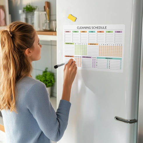 Cleaning Schedules and Checklists Dry Erase Magnetic Planner Whiteboard for Refrigerator - Daily Weekly Monthly