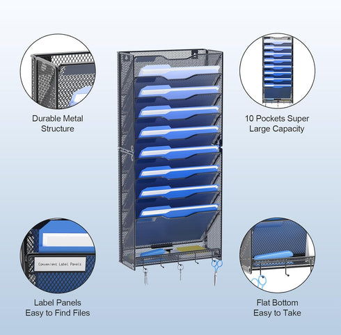 OUTWOLF 10 Tier Hanging Wall File Organizer, Wall Mount Paper Document Holder for Home Office Organization