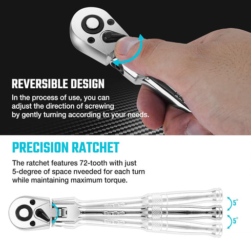 DURATECH 1/4" Drive Flex-Head Ratchet, 72-Tooth Ratchet Wrench with Quick-release and Reversible Switch