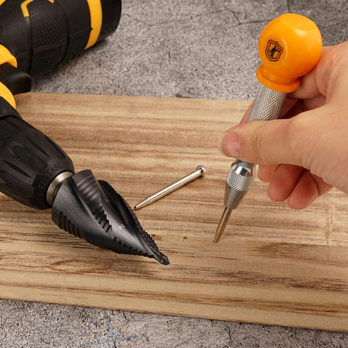 MulWark Four Spiral Flute Cobalt Step Drill Bit Set with Automatic Center Punch, Industrial Grade Coated Step Bits