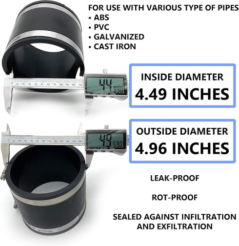 Flexible Rubber PVC Coupling Parallel with Stainless Steel Clamps, 4 inch, Black