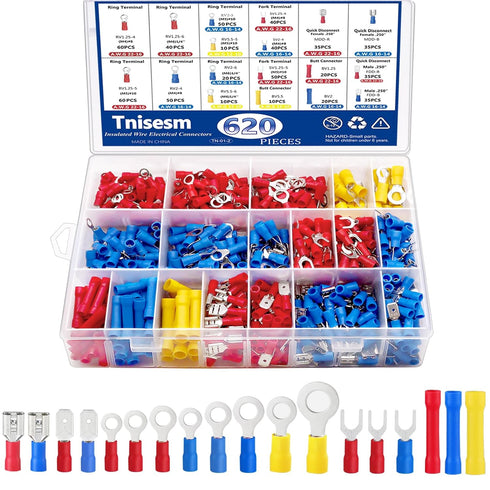 Tnisesm 620Pcs Insulated Wire Crimp Connectors Kit, Fork Ring Spade Butt Quick Disconnect Crimp Terminals Lugs Set,