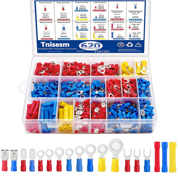 Tnisesm 620Pcs Insulated Wire Crimp Connectors Kit, Fork Ring Spade Butt Quick Disconnect Crimp Terminals Lugs Set,