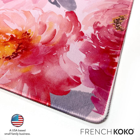 KOKO French Desk Mat, XL Pink Floral Large Mouse Pad for Keyboard, Cute Desk Accessories for Home Office