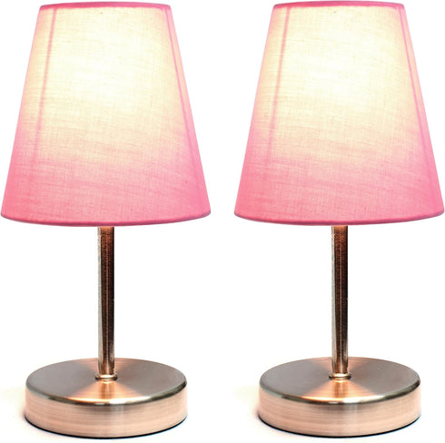 LT2013-PNK-2PK 2 Pack Set, 2 Count Simple Designs Mini Basic Sand Nickel Table Lamp with Fabric Shade Pink
