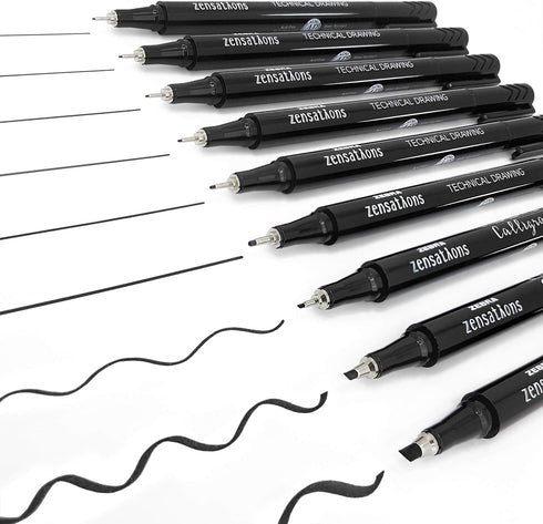 Zebra Zensations Technical Drawing Fineliner Pens - Full Set of 6 Grades, Black Ink