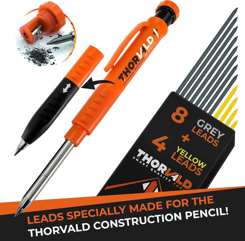 THORVALD 12 Leads Carpentry Pencil, 8 Grey + 4 Yellow Strong 2.8 mm Leads for Mechanical Pencils