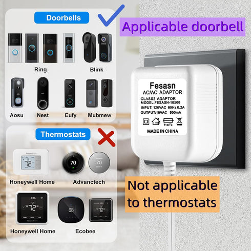 Fesasn AC18V 16.5 Doorbell Power Adapter for Ring Doorbell Wired, Compatible with Ring Zmodo Smart Doorbell and Nest