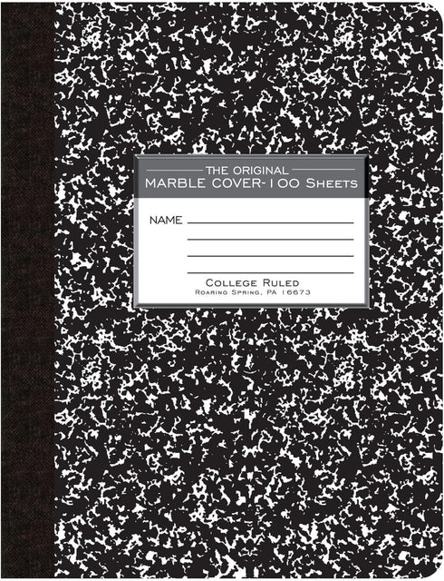 ROARING SPRING Hard Cover Composition Book, 9 3/4" x 7 1/2", College Ruled, 100 Sheets, Black Marble