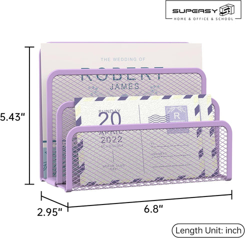 SUPEASY Mail Organizer, Desktop File Organizer Mesh Metal Mail Holder with 3-Slot, Office Envelope Organizer (Purple)