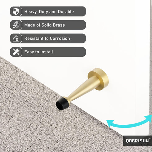 QOGRISUN Heavy Duty Solid Brass Door Stops, 3-1/4-inch Decorative Gold Wall Protector with Rubber Bumper Tip