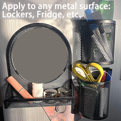 Locker Shelf with Magnetic Mirror & 2 Magnetic Pencil Cups, Mesh Metal Locker Organizer for School Decor