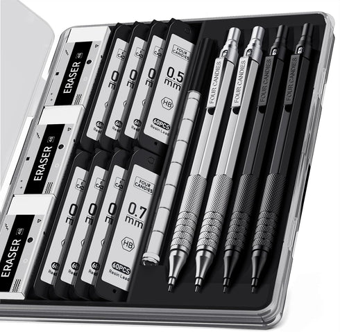 Four Candies 4PCS Metal Mechanical Pencils Set with Case, 0.5mm & 0.7mm Artist Pencil with 8 Tubes HB Lead