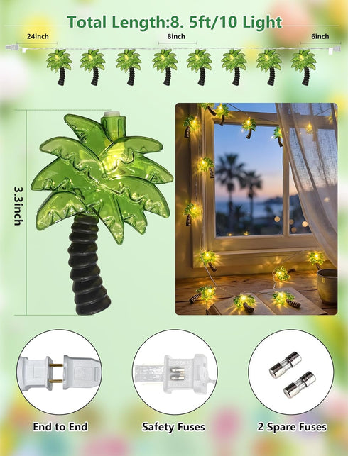 Summer 10 Palm Tree String Lights Outdoor, Beach Themed Decoratives String Lights with Palm Tree Patio Light, Plug