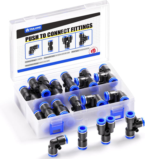 TAILONZ Pneumatic 1/2 Inch OD Push to Connect Fittings Kit, 5 Splitters + 5 Elbows + 5 Tee + 5 Straight (20 Pcs)