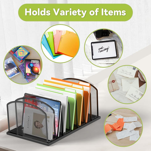 Desk File Organizer, 7 Sections Upright Mesh File Sorter for Office Organization, Home & Classroom - Black, 1 Pack
