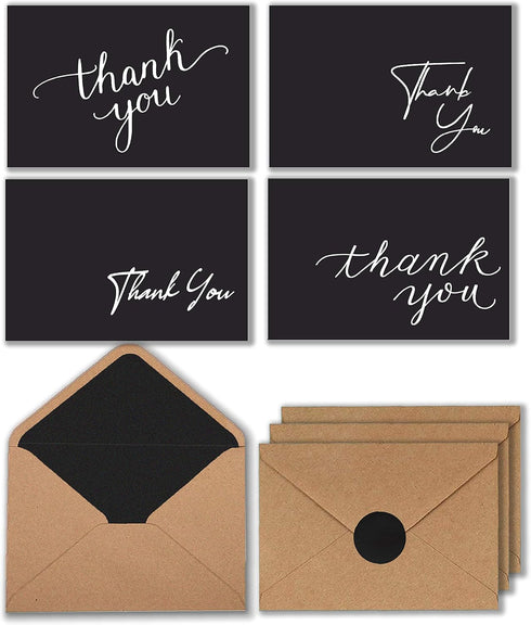 T&M Quality Designs LLC 100 Black Thank You Cards with Brown Kraft Envelopes and Stickers -