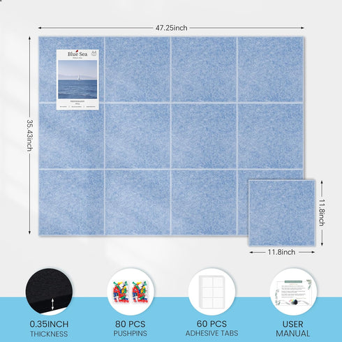 Large 48"x36" Cork Bulletin Board Alternative - 12 Pack Felt Tiles with 80 Pushpins for Office