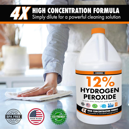 Hydrogen Peroxide 12 Percent Food Grade, 4X Concentrated Solution, 1 Gallon for Home & Kitchen Cleaning