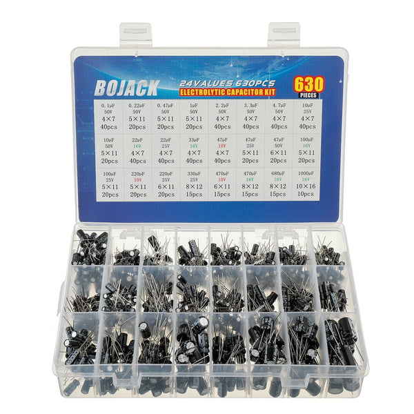 BOJACK 24Value 630pcs Aluminum Electrolytic Capacitor Assortment Box Kit, Range 0.1uF-1000uF
