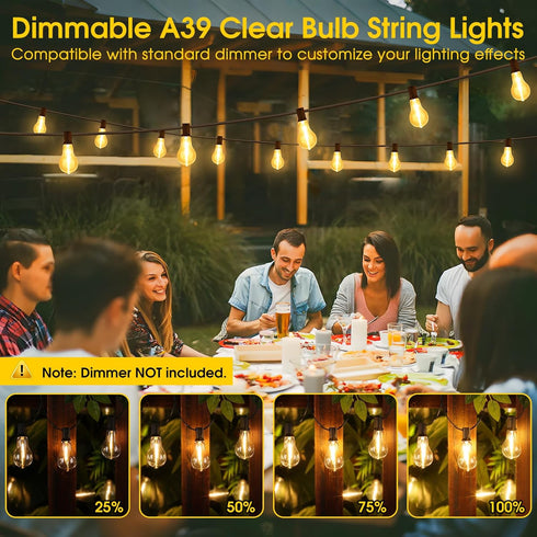 100FT 32 Dimmable 2700K A39 Bulbs Larkvue LED Outdoor String Lights, Waterproof Patio Lights with Shatterproof Hanging