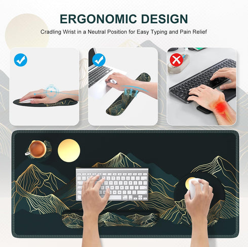 iCasso Large Mouse Pad - 4in1 XXL Mousepad + Keyboard Wrist Rest + Coaster Set, Ergonomic Design (Cyan-Mountain)