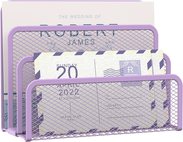 SUPEASY Mail Organizer, Desktop File Organizer Mesh Metal Mail Holder with 3-Slot, Office Envelope Organizer (Purple)