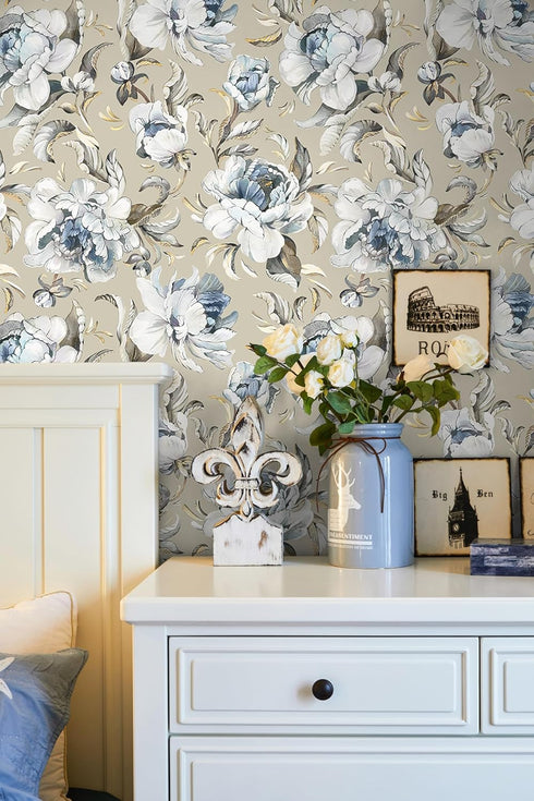 HAOKHOME 94030-2 Vintage Damask Wallpaper Peel and Stick Tan/Cream/Blue for Bedroom Contact Paper
