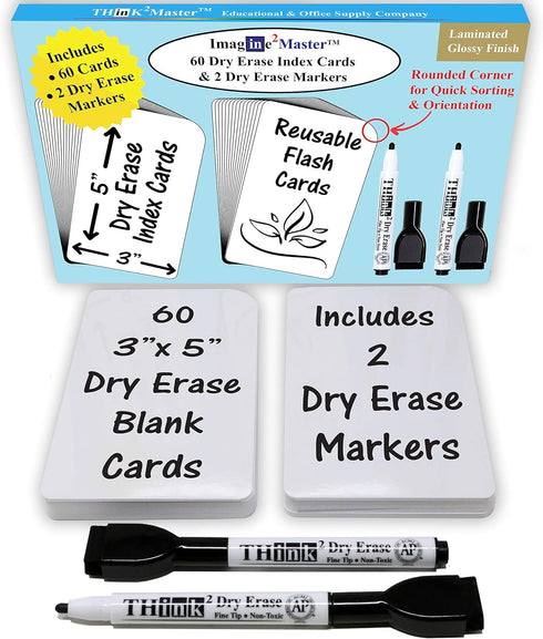 Imagine2Master 60 Blank Dry Erase Index Cards (3” X 5”) with 2 Dry Erase Markers - Glossy Laminated Finish