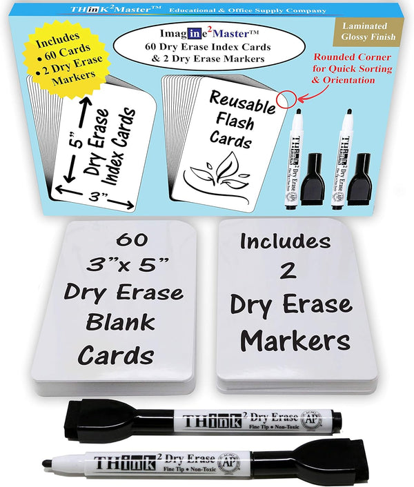 Imagine2Master 60 Blank Dry Erase Index Cards (3” X 5”) with 2 Dry Erase Markers - Glossy Laminated Finish
