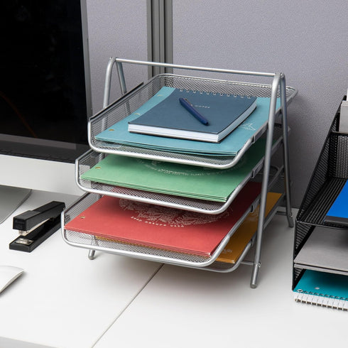 Mind Reader 4-Tier Paper Tray, Desktop Organizer, File Storage, Metal Mesh, 12"L x 13.75"W x 12.5"H, Silver