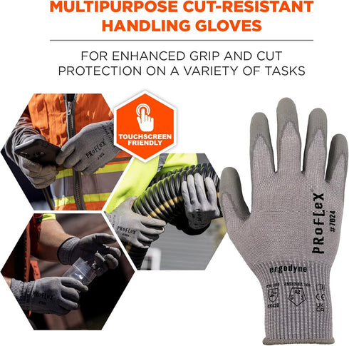 Ergodyne ProFlex 7024 Cut Resistant Work Gloves, ANSI A2, PU Coated Palms for Flexible No Slip Grip, Abrasion Resistant, 13g, Touchscreen Capable, Gray, Medium