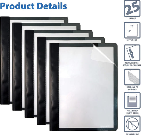 Better Office Products Ultra Durable Clear Front Report Covers, 25 Per Box, Letter Size, Black with Fasteners