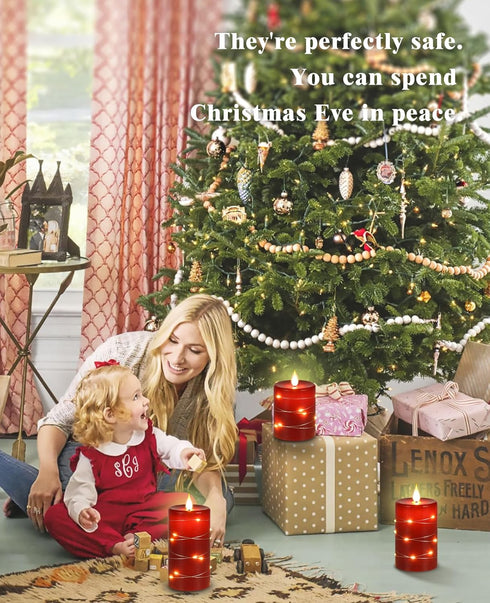 Wax,3 Pack Da by Red Flameless Candles with String Lights, Battery Operated Candles with Remote Control