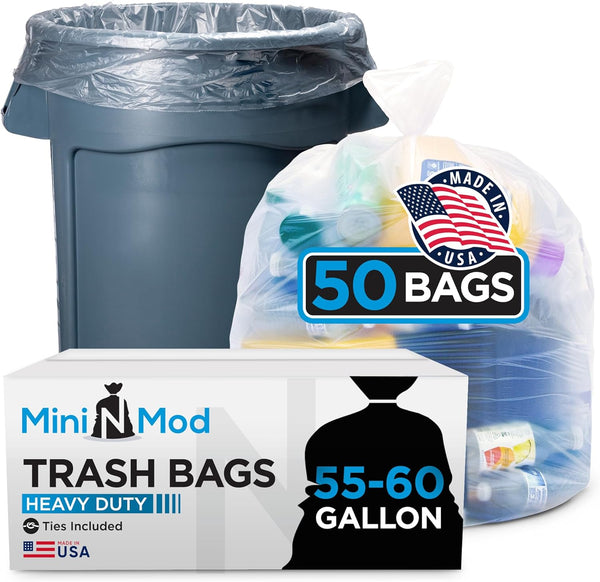 Mini n Mod 55-60 Gallon Clear Trash Bags | 50 Count | Large Clear Plastic