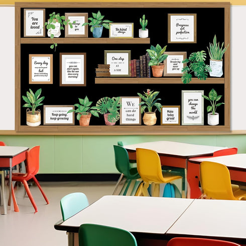Set Bookshelf Bulletin Board Back to School Plant Motivational Classroom Decoration Reading Poster Potted Plant Back