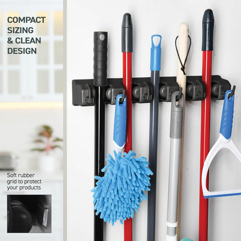 Mop and Broom Holder Wall Mount, Garage Storage Organizer with 5 Slots, 6 Hooks, 7.5lbs Capacity Per Slot, Black Broom