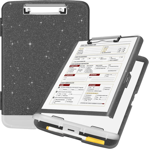Sooez Glitter Clipboard with Storage, High Capacity Clipboard with Pen Holder, Cute 8.5x11 Clip Boards, Sparkle Plastic