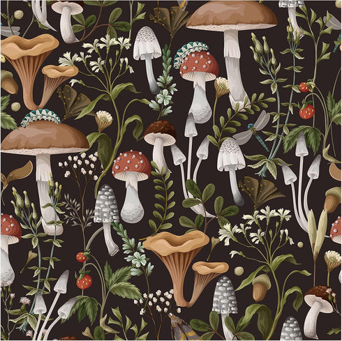 HAOKHOME 93279 Peel and Stick Boho Mushroom Wallpaper for Bathroom, Black/Brown/Green 17.7in x 9.8ft