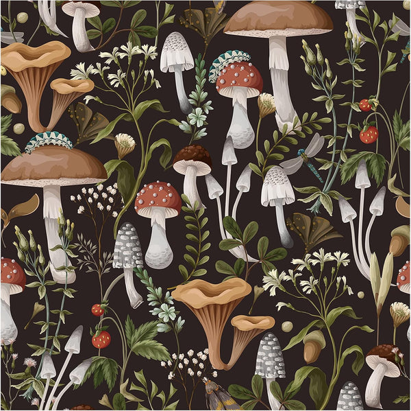 HAOKHOME 93279 Peel and Stick Boho Mushroom Wallpaper for Bathroom, Black/Brown/Green 17.7in x 9.8ft