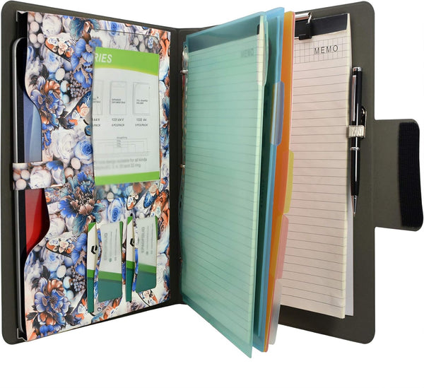Padfolio Ring Binder with Color File Folders, Flower Painting PU Leather Organizer Portfolio (Blue)