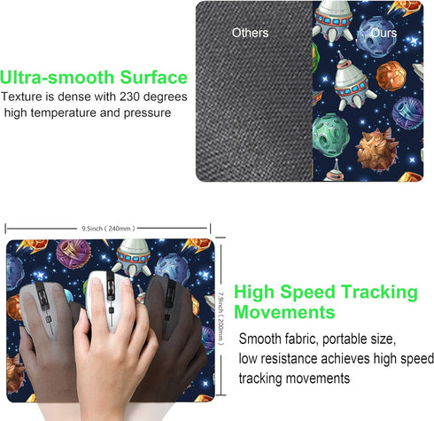 Kids Mouse Pad - Comic Space Design with Planets and Spaceships, Personalized Mouse Mat for Office