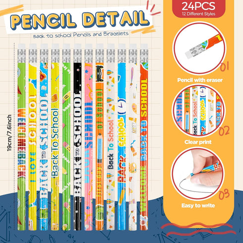 Sabary 48 Pcs Back to School Pencils Silicone Bracelets Set Back to School Party Favor for Kids First Day of School Bulk Pencils Bracelets Gifts for Classroom Reward Party Supplies by Sabary
