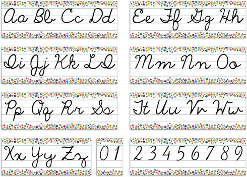 Set of 9 Confetti Cursive Writing Bulletin Board, Colorful Cursive Alphabet Wall Strip for Classroom Teaching