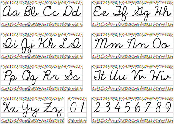 Set of 9 Confetti Cursive Writing Bulletin Board, Colorful Cursive Alphabet Wall Strip for Classroom Teaching
