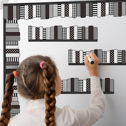 65.6 FYSUIMU Ft Back to School Bulletin Board Border Black White Book Bookshelf Die Cut Border Trim Roll for First Day