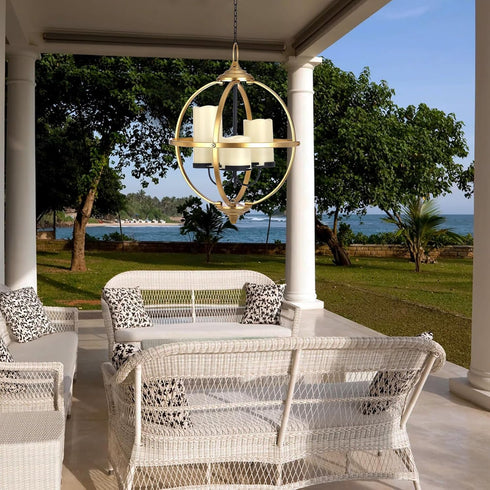 SUNNYPARK 3 12.6" Battery Operated Outdoor Candle Chandelier - Gold and Black Metal Globe Hanging Pendant Light
