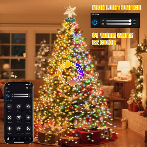 Tosylin 6.56Ft 16 400 17 Smart Christmas Tree Lights with Ring, x Lines String LED Indoor Outdoor with APP Control